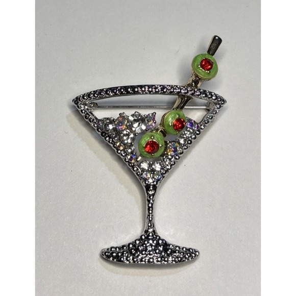 Jewelry - Martini Glass Brooch Rhinestone Cocktail Olive Silver Tone Barware Pin 2"